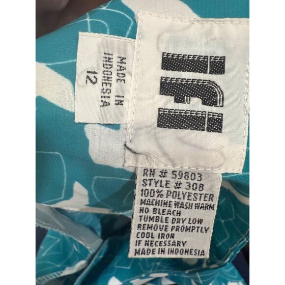 Teal Blue White 80's Dress Wide Belt Sz 10 12 Geometric New Wave Flutter Sleeve - Picture 2 of 7